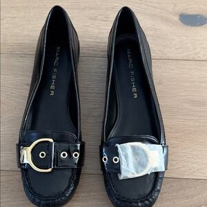 Marc Fisher Black Loafers with Gold Buckle